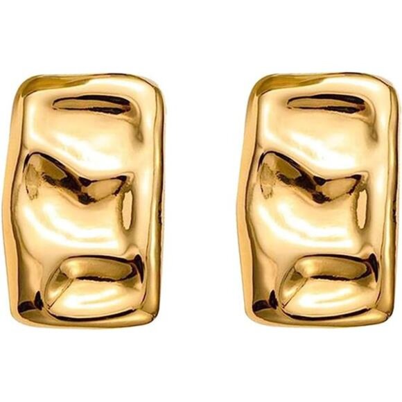 Chunky Geometric Rectangle Earrings – Gold Irregular Studs, Hypoallergenic - Picture 1 of 3